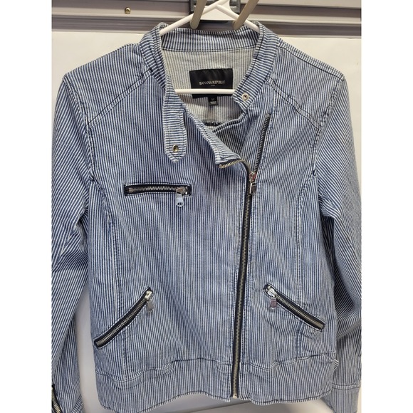 Vtg Banana Republic Women Blue Stripe Moto Jacket Size M Casual Layering Fashion - Picture 8 of 10